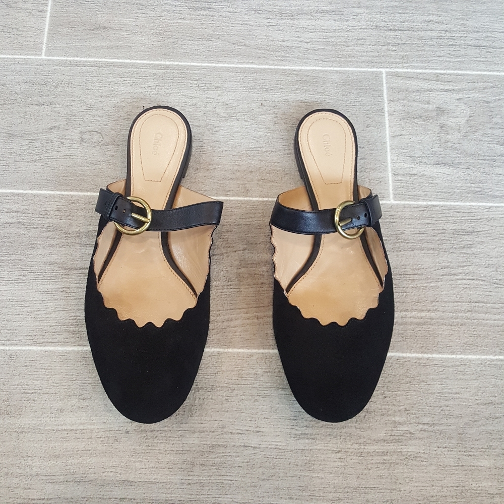 Chloe Scalloped Slip on Mule Buckle Shoes